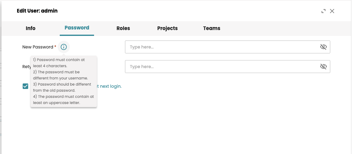 Password rules applied when changing a user's password in Admin